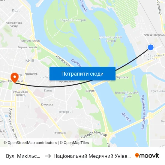 Вул. Микільсько-Слобідська to Національний Медичний Університет Імені О. О. Богомольця map