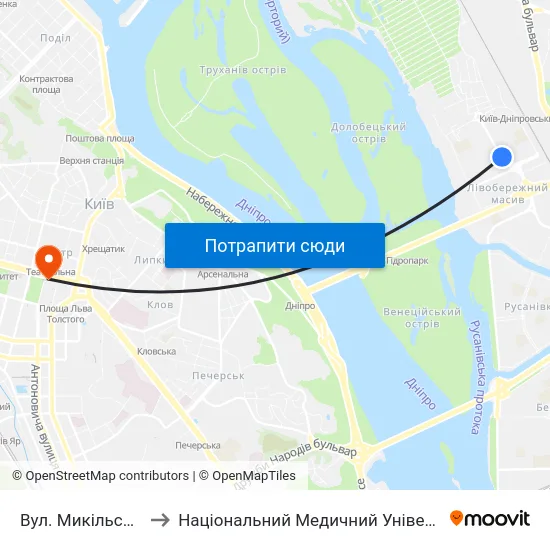 Вул. Микільсько-Слобідська to Національний Медичний Університет Імені О. О. Богомольця map