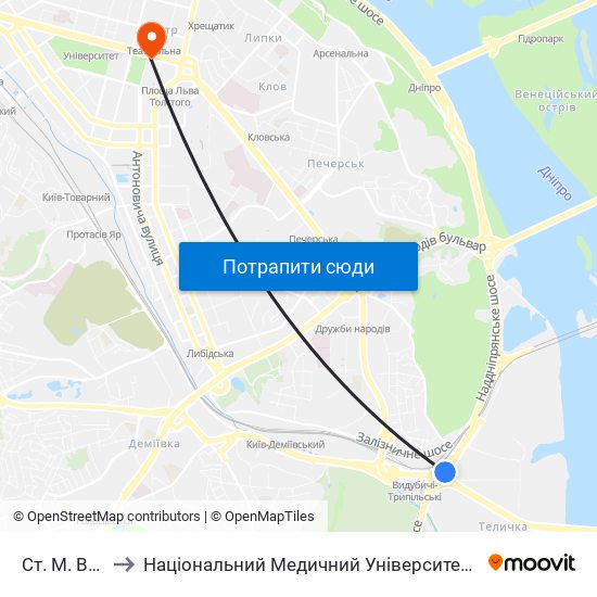 Ст. М. Видубичі to Національний Медичний Університет Імені О. О. Богомольця map