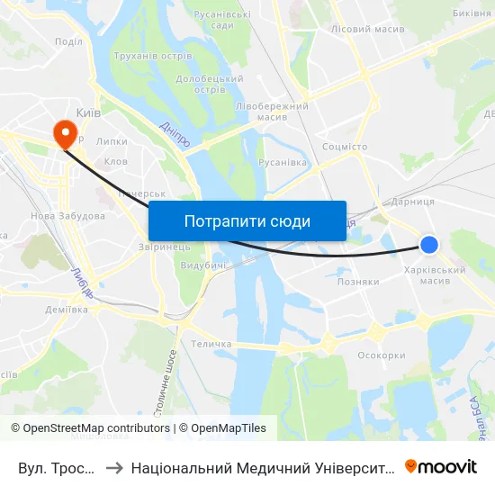 Вул. Тростянецька to Національний Медичний Університет Імені О. О. Богомольця map