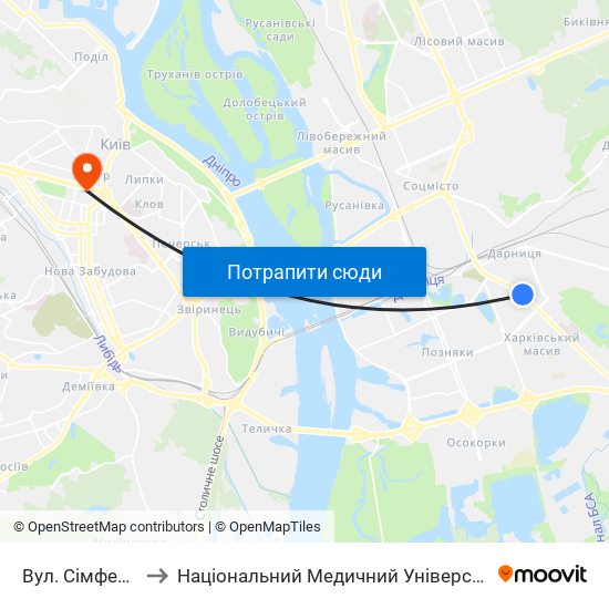 Вул. Сімферопольська to Національний Медичний Університет Імені О. О. Богомольця map