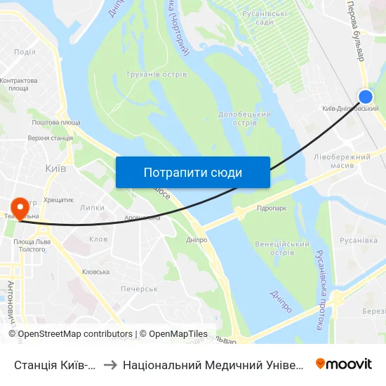 Станція Київ-Дніпровський to Національний Медичний Університет Імені О. О. Богомольця map