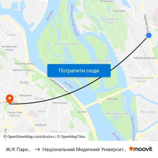 Ж/К Паркові Озера to Національний Медичний Університет Імені О. О. Богомольця map