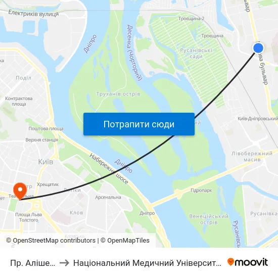 Пр. Алішера Навої to Національний Медичний Університет Імені О. О. Богомольця map