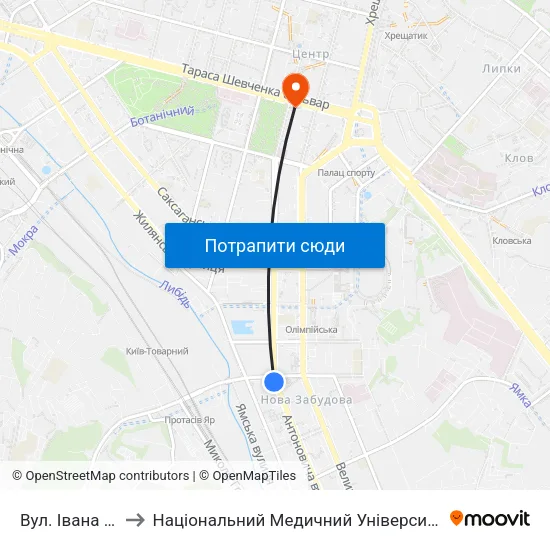 Вул. Івана Федорова to Національний Медичний Університет Імені О. О. Богомольця map