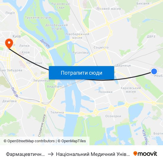 Фармацевтична Фірма Дарниця to Національний Медичний Університет Імені О. О. Богомольця map