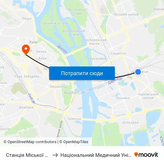 Станція Міської Електрички Дарниця to Національний Медичний Університет Імені О. О. Богомольця map