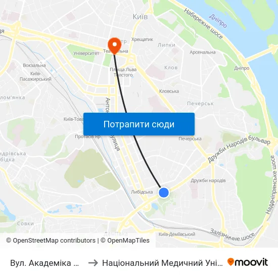 Вул. Академіка Філатова (На Вимогу) to Національний Медичний Університет Імені О. О. Богомольця map