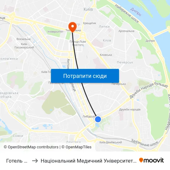 Готель Дружба to Національний Медичний Університет Імені О. О. Богомольця map