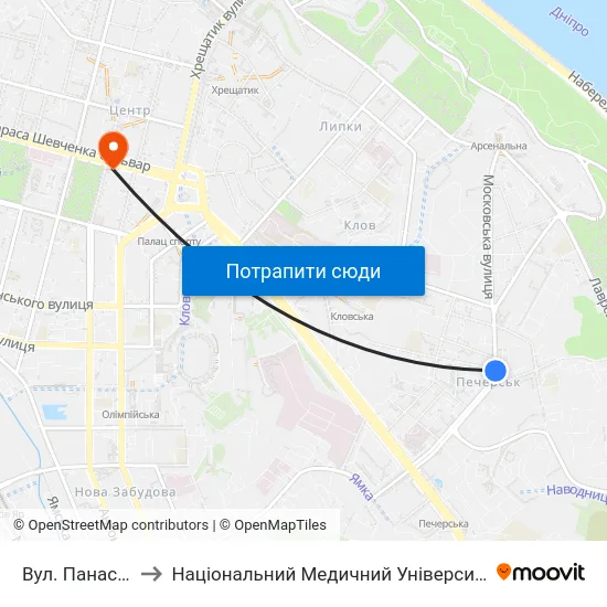 Вул. Панаса Мирного to Національний Медичний Університет Імені О. О. Богомольця map