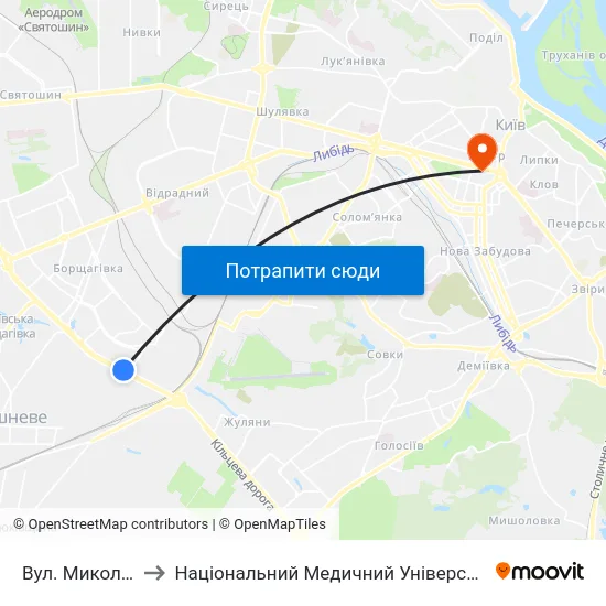 Вул. Миколи Трублаїні to Національний Медичний Університет Імені О. О. Богомольця map
