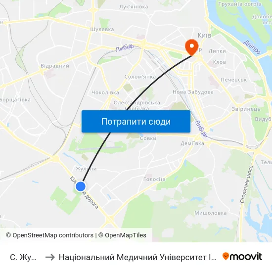 С. Жуляни-1 to Національний Медичний Університет Імені О. О. Богомольця map