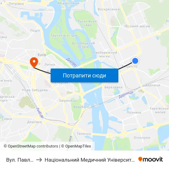 Вул. Павла Усенка to Національний Медичний Університет Імені О. О. Богомольця map