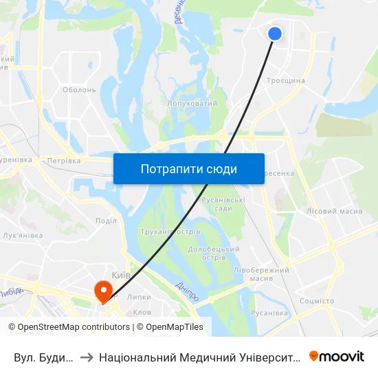 Вул. Будищанська to Національний Медичний Університет Імені О. О. Богомольця map