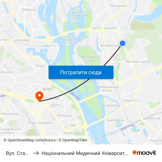 Вул. Стальського to Національний Медичний Університет Імені О. О. Богомольця map