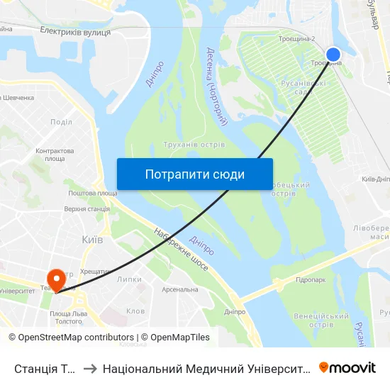 Станція Троєщина to Національний Медичний Університет Імені О. О. Богомольця map