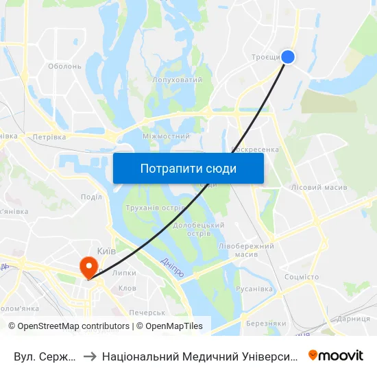 Вул. Сержа Лифаря to Національний Медичний Університет Імені О. О. Богомольця map