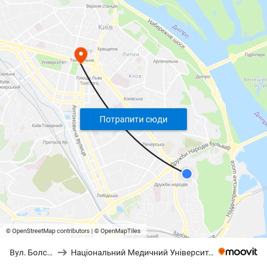 Вул. Болсуновська to Національний Медичний Університет Імені О. О. Богомольця map