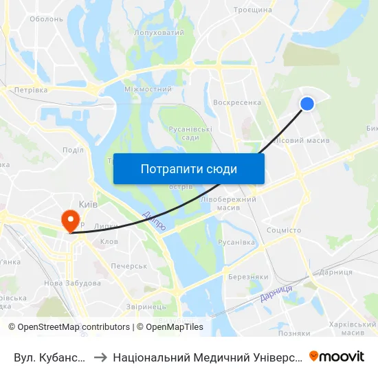 Вул. Кубанської України to Національний Медичний Університет Імені О. О. Богомольця map