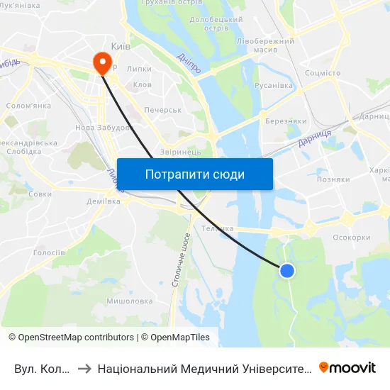 Вул. Колекторна to Національний Медичний Університет Імені О. О. Богомольця map