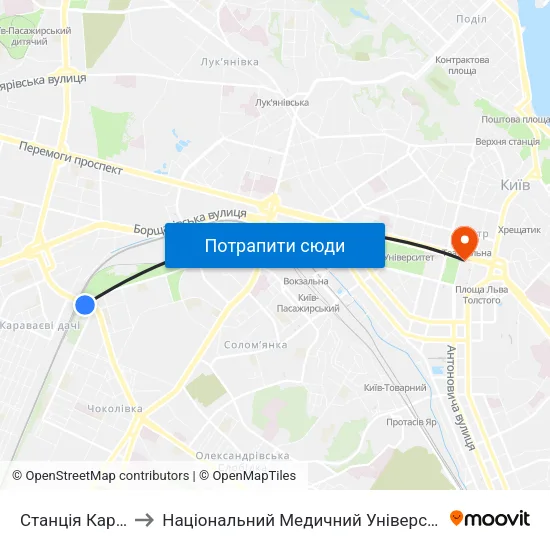 Станція Караваєві Дачі to Національний Медичний Університет Імені О. О. Богомольця map