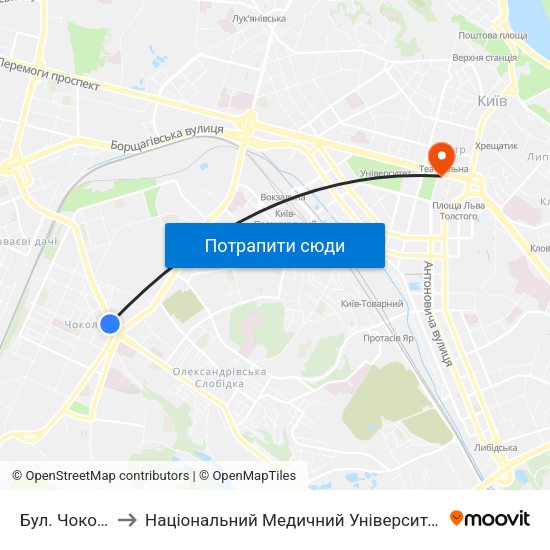 Бул. Чоколівський to Національний Медичний Університет Імені О. О. Богомольця map