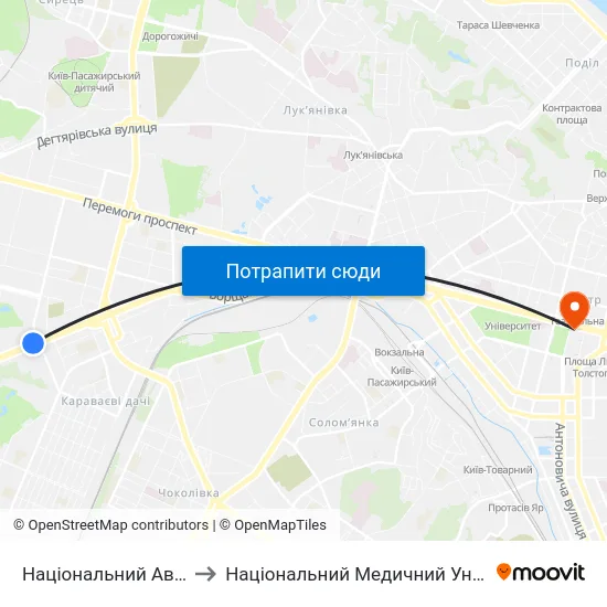 Національний Авіаційний Університет to Національний Медичний Університет Імені О. О. Богомольця map