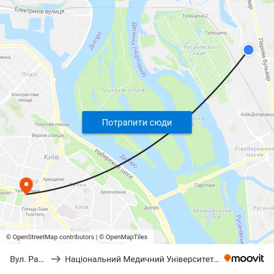 Вул. Райдужна to Національний Медичний Університет Імені О. О. Богомольця map