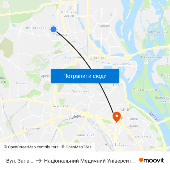 Вул. Западинська to Національний Медичний Університет Імені О. О. Богомольця map