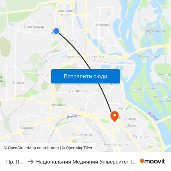 Пр. Правди to Національний Медичний Університет Імені О. О. Богомольця map
