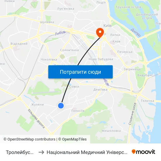 Тролейбусне Депо №1 to Національний Медичний Університет Імені О. О. Богомольця map