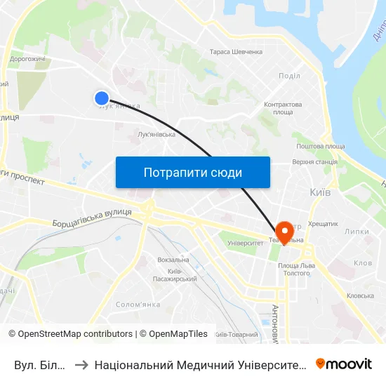 Вул. Білоруська to Національний Медичний Університет Імені О. О. Богомольця map