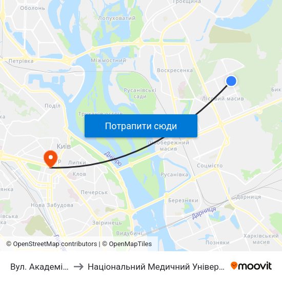 Вул. Академіка Курчатова to Національний Медичний Університет Імені О. О. Богомольця map
