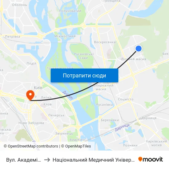 Вул. Академіка Курчатова to Національний Медичний Університет Імені О. О. Богомольця map