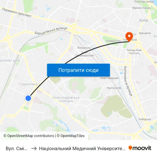 Вул. Смілянська to Національний Медичний Університет Імені О. О. Богомольця map