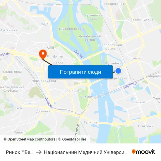 Ринок ""Березняки"" to Національний Медичний Університет Імені О. О. Богомольця map