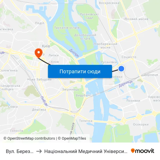Вул. Березняківська to Національний Медичний Університет Імені О. О. Богомольця map