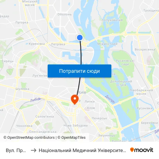 Вул. Приозерна to Національний Медичний Університет Імені О. О. Богомольця map