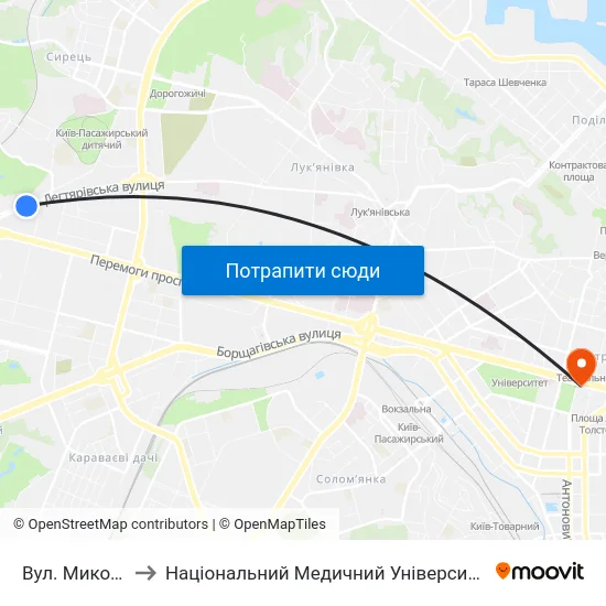 Вул. Миколи Шпака to Національний Медичний Університет Імені О. О. Богомольця map