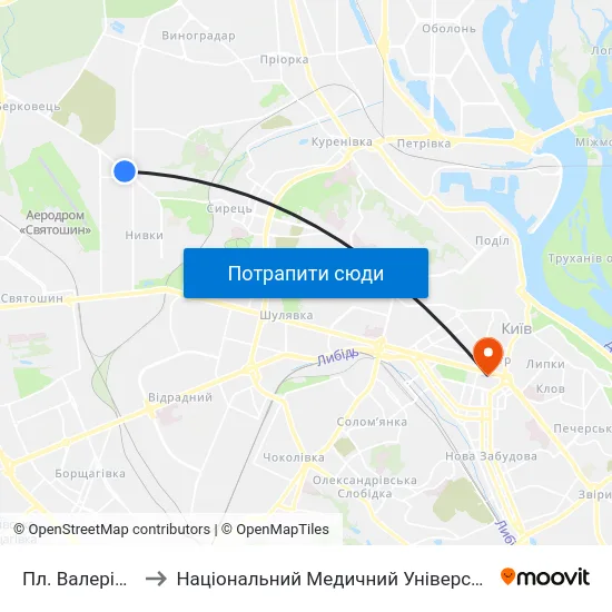 Пл. Валерія Марченка to Національний Медичний Університет Імені О. О. Богомольця map