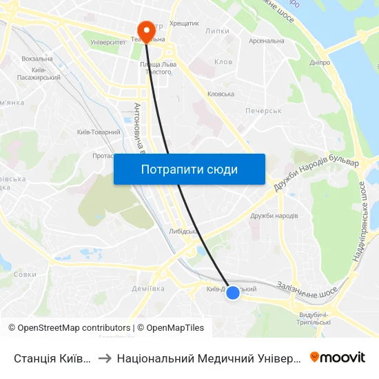 Станція Київ-Деміївський to Національний Медичний Університет Імені О. О. Богомольця map