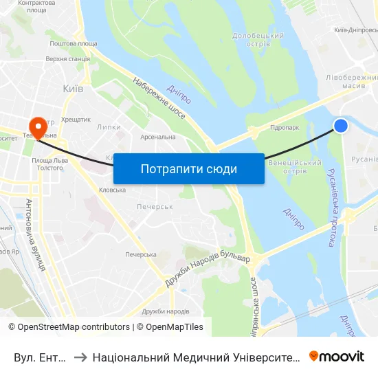 Вул. Ентузіастів to Національний Медичний Університет Імені О. О. Богомольця map
