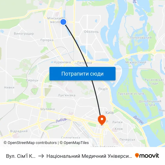 Вул. Сім'Ї Кульженків to Національний Медичний Університет Імені О. О. Богомольця map