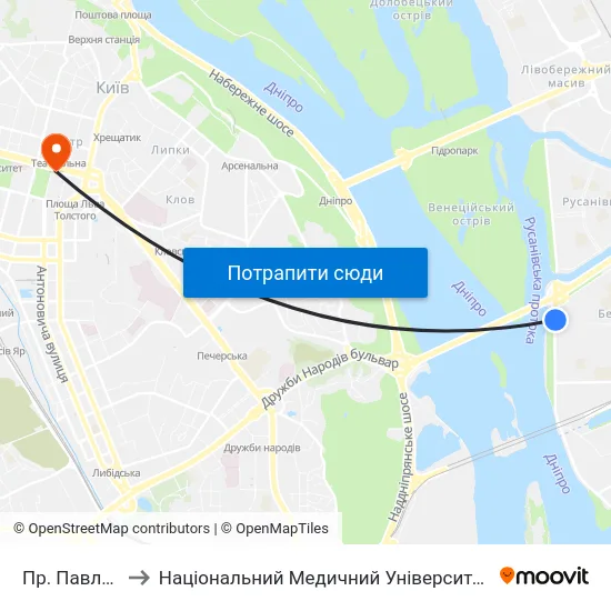 Пр. Павла Тичини to Національний Медичний Університет Імені О. О. Богомольця map