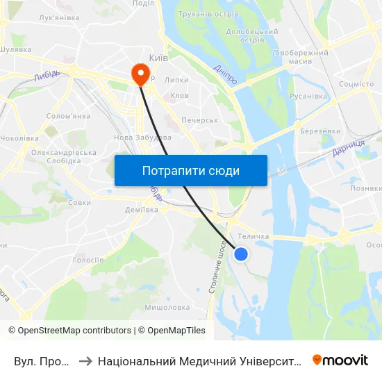 Вул. Промислова to Національний Медичний Університет Імені О. О. Богомольця map