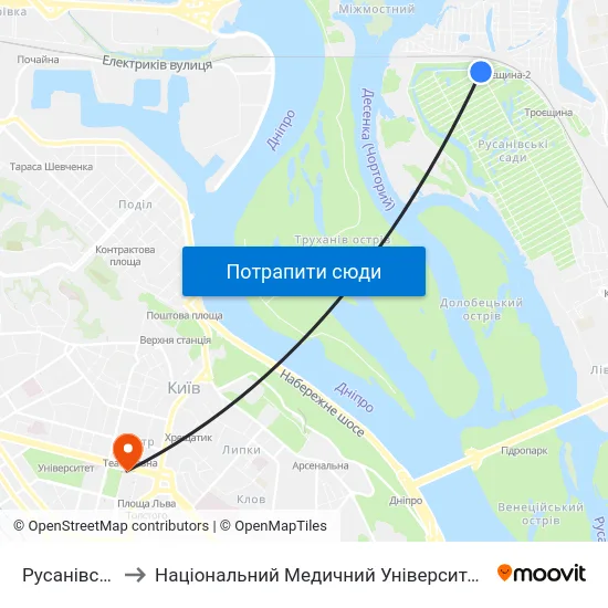 Русанівські Сади to Національний Медичний Університет Імені О. О. Богомольця map