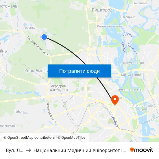 Вул. Лісова to Національний Медичний Університет Імені О. О. Богомольця map