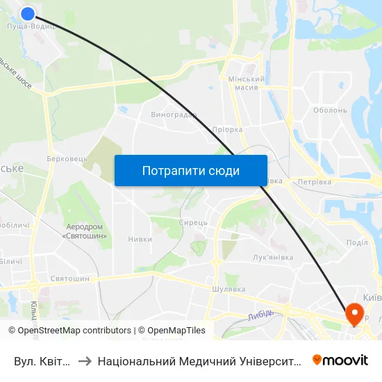 Вул. Квітки Цісик to Національний Медичний Університет Імені О. О. Богомольця map