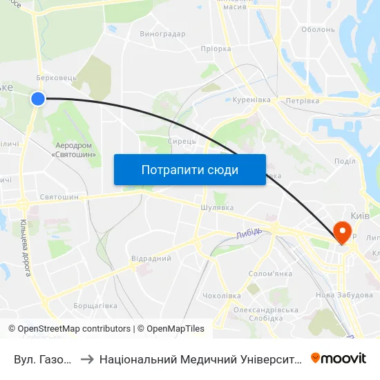 Вул. Газопровідна to Національний Медичний Університет Імені О. О. Богомольця map