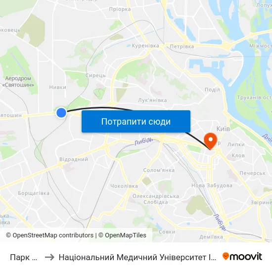Парк Нивки to Національний Медичний Університет Імені О. О. Богомольця map